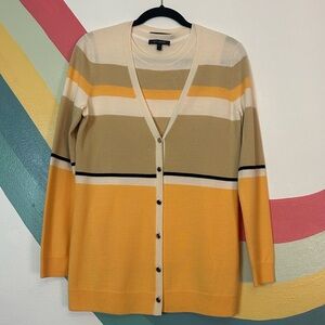 St. John Women’s 2 Piece Sweater Set Striped Cream Tan Knit Wool